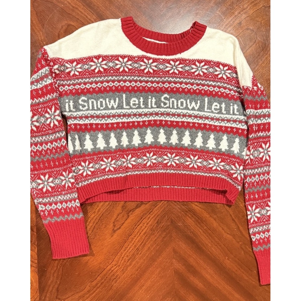 Jessica Simpson Let It Snow Red White cropped knit Christmas crew neck sweater S